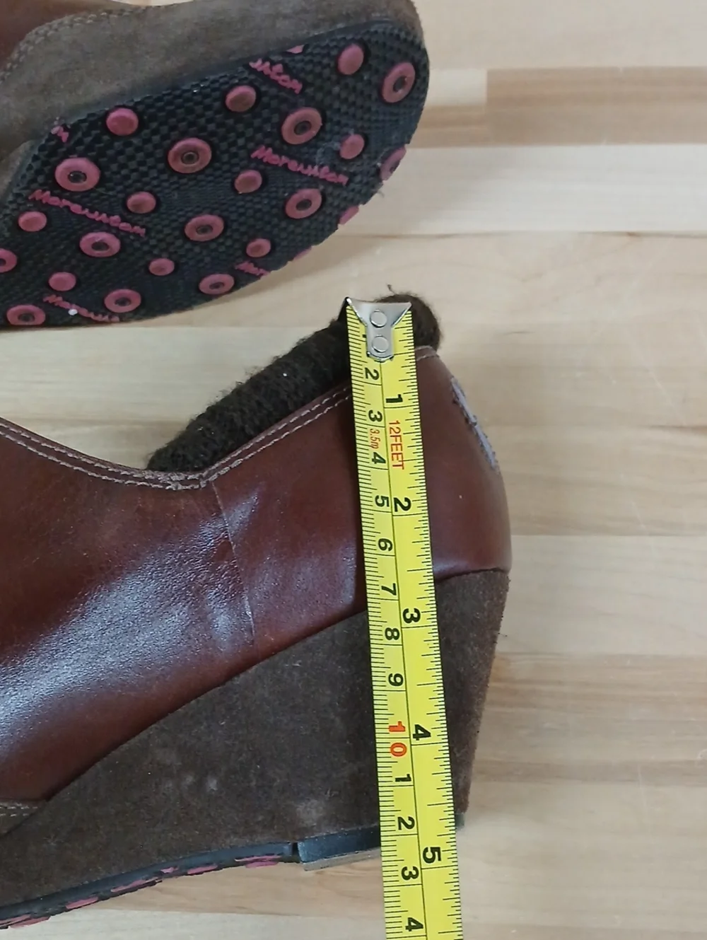 M By Morenatom Brown Leather and Suede Wedge Shoes with Textured Panel Size 9 B